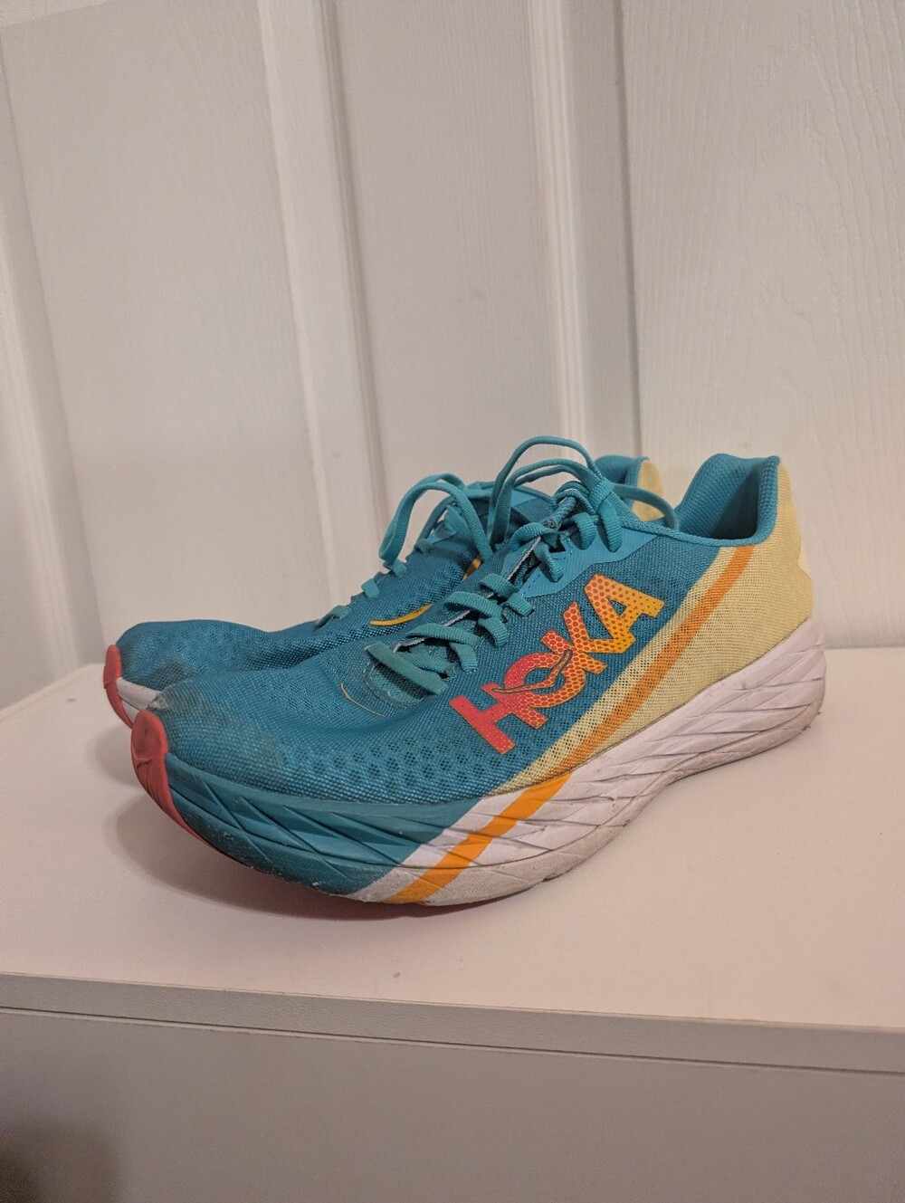 Hoka One One Rocket X Shoes Blue Yellow Sneakers Mens Size 10.5 Womens-11.5